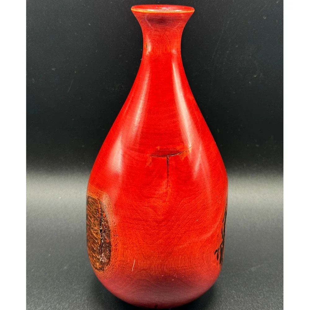 Signed Hand Turned Birch Wood Bud Vase‎ Red Burnt Live Edge Nature Artisan MCM